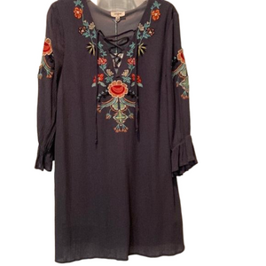 NWT Umgee Blue Floral Embroidered Boho Lace Up Dress Size M